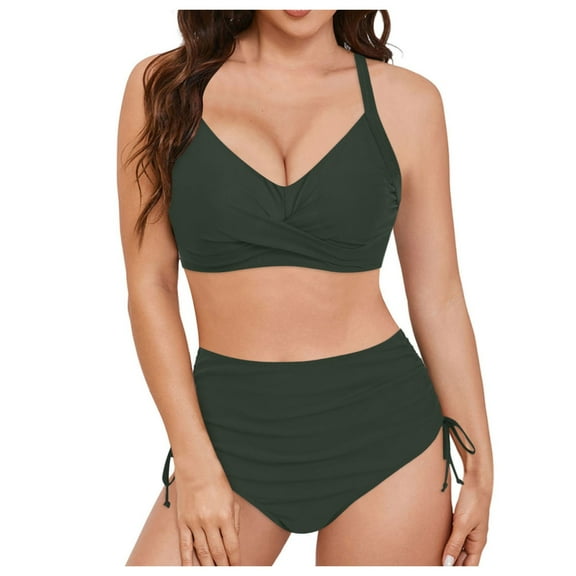 yueewhu Womens High Waisted Bikini Sets Drawstring Tummy Control Swimsuits Crisscross Tie Back Bathing Suit (Green, S)