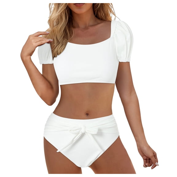 yueewhu Womens High Waisted Bikini Sets Ruffle Tummy Control Swimsuits Full Coverage Cheeky Two Piece Bathing Suit (White, L)