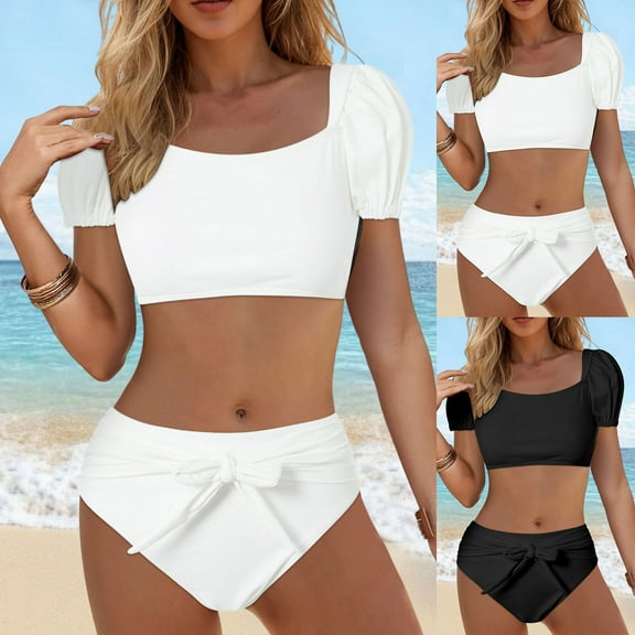yueewhu Womens High Waisted Bikini Sets Ruffle Tummy Control Swimsuits Full Coverage Cheeky Two Piece Bathing Suit (White, S)