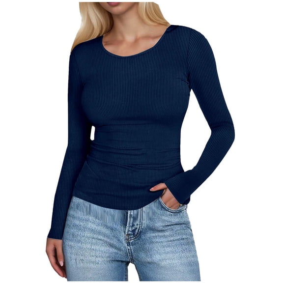 yueewhu Womens Long Sleeve Crewneck Ribbed Tops Fall Fitted Stretch Casual Basic T Shirts 2026 (Navy, XXL)