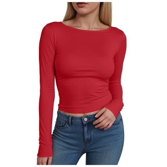 yueewhu Womens Long Sleeve T Shirts Fall Fashion 2026 Basic Crop Tops Going Out Outfits Y2k Clothes (Red, XS)