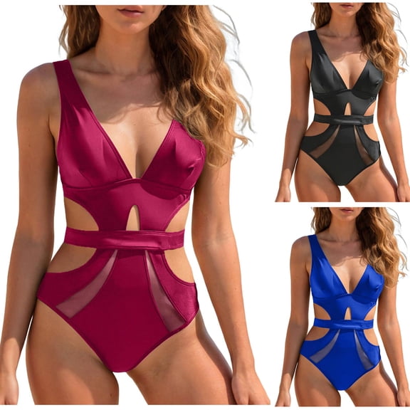 yueewhu Womens One Piece Swimsuit Mesh Tummy Control Bathing Suit V Neck Cut Out Adjustable Straps Swimwear (Black, L)