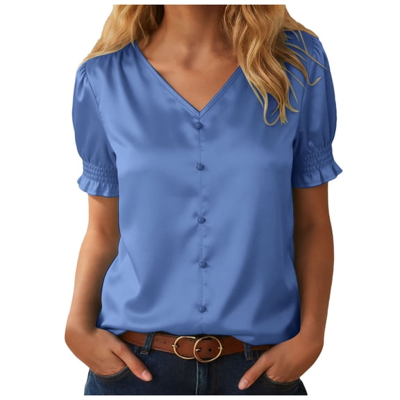 yueewhu Womens Silky Satin Blouse - V Neck Short Sleeve Lightweight Dressy Business Casual (Blue, S)