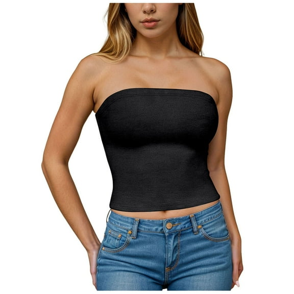 yueewhu Womens Strapless Tube Tops Basic Backless Sleeveless Bandeau Going Out Crop Tops Cute 2025 Summer Clothes (Black, XS)