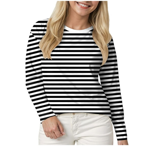 yueewhu Womens Striped Long Sleeve Shirts Fall Outfits 2026 Color Block Tops Fashion Clothing Ribbed Crewneck Tee Blouses (Black, XXL)