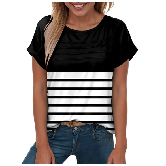 yueewhu Womens Summer Tops Trendy 2026 Cap Sleeve T Shirts Crew Neck Pleated Front Clothes Fashion (Black, L)