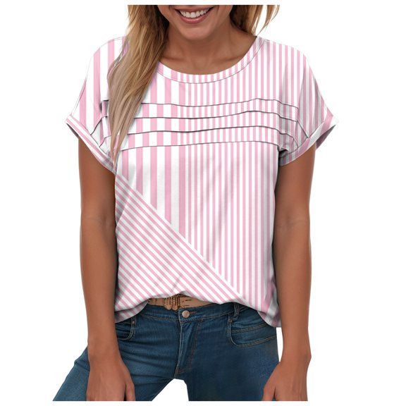 yueewhu Womens Summer Tops Trendy 2026 Cap Sleeve T Shirts Crew Neck Pleated Front Clothes Fashion (Pink, L)