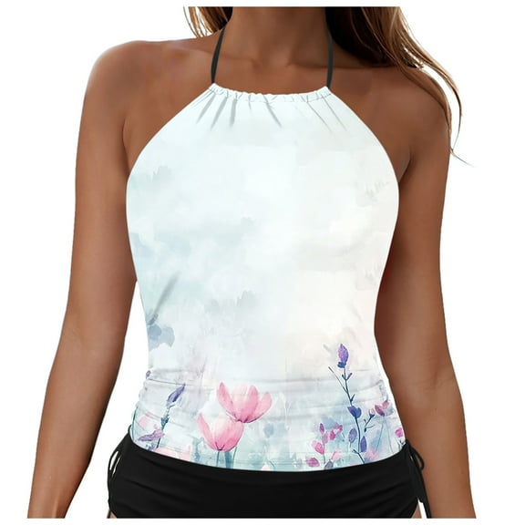 yueewhu Womens Swim Tankini Tops High Neck Bathing Suit Slim Fit Swim Tops UPF 50 Tummy Control Swimsuits No Bottom (Light Pink, XL)