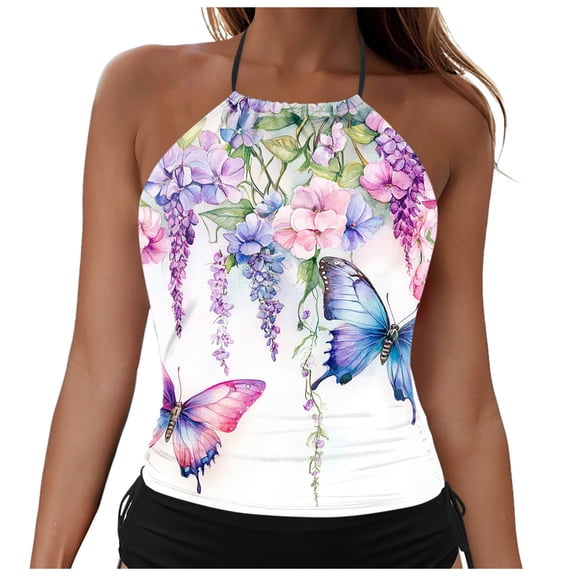 yueewhu Womens Swim Tankini Tops High Neck Bathing Suit Slim Fit Swim Tops UPF 50  Tummy Control Swimsuits No Bottom (Light Purple, M)