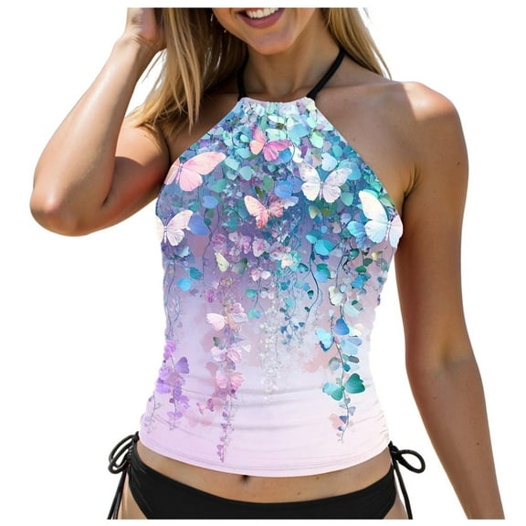 yueewhu Womens Swim Tankini Tops High Neck Bathing Suit Slim Fit Swim Tops UPF 50 Tummy Control Swimsuits No Bottom (Purple, M)