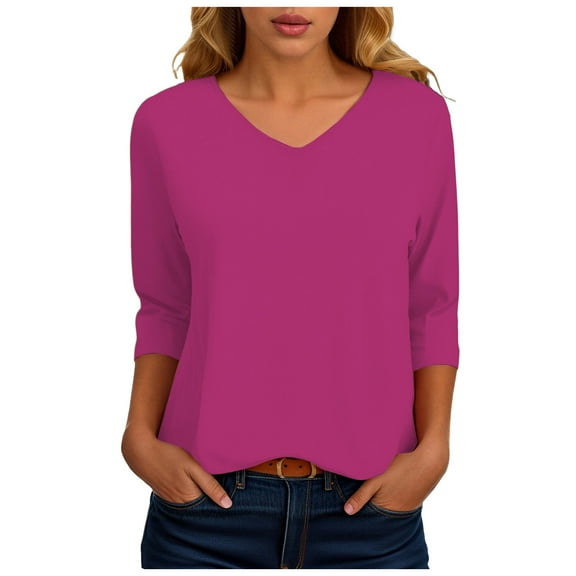 yueewhu Womens Tops 3/4 Sleeve Summer Solid Plain Travel Cute Tops Vneck Slim Fit Half Sleeve Tshirts Shirts Spring Blouse (Hot Pink, L)