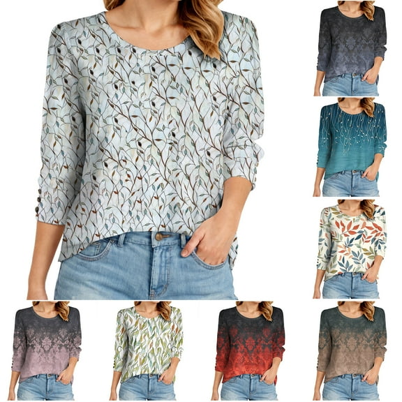 yueewhu Womens Tops 3/4 Sleeve with Buttons Dressy Casual Blouses Summer Outfits Beach Vacation Plus Size Spring Clothes (Grey, S)