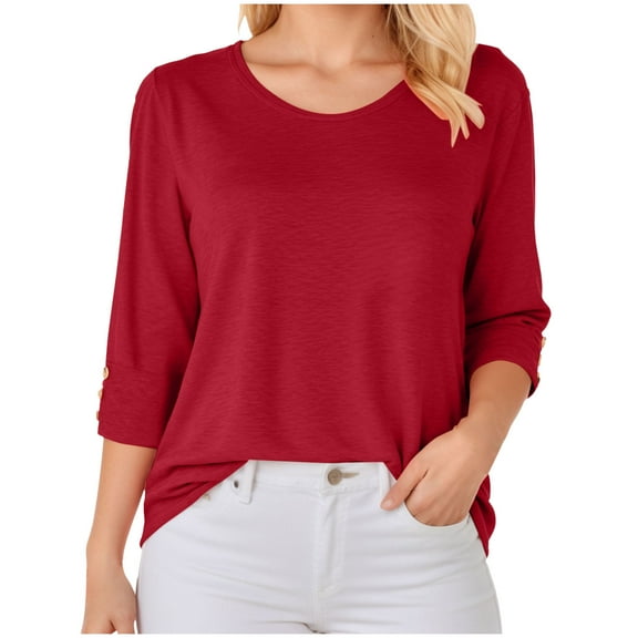 yueewhu Womens Tops 3/4 Sleeve with Buttons Dressy Casual Blouses Summer Outfits Beach Vacation Spring Clothes (Red, XXL)