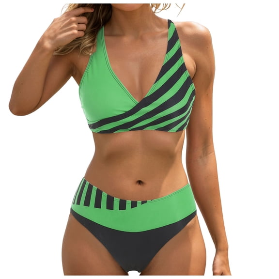 yueewhu Womens Two Piece Swimsuits Wrap Front Bikini High Waisted Bottom Tummy Control Bathing Suits Vintage Print Swimwear (Light Green, XL)
