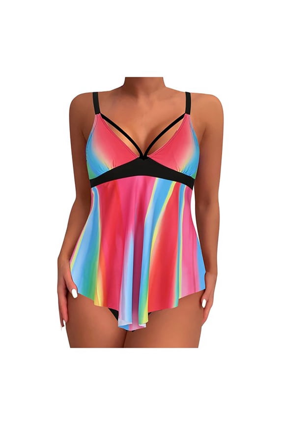 Womens Two Piece Tankini Swimsuits Modest Flowy Swimdress V Neck Push Up Tops Tummy Control Bathing Suits with Shorts (Multicolour, XXL)