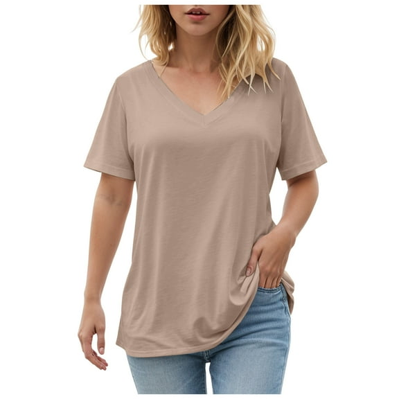 yueewhu Womens V Neck Short Sleeve Summer T Shirts Curved Hem Plain Top Beach (Khaki, M)