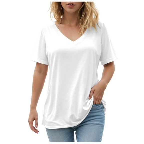 yueewhu Womens V Neck Short Sleeve Summer T Shirts Curved Hem Plain Top Beach (White, S)