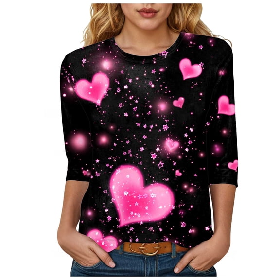 yueewhu Womens Valentines Shirts Trendy 2026 Cute Funny Love Heart Tunic Tops 3/4 Sleeve Plus Size Valentine Blouses (Hot Pink, L)