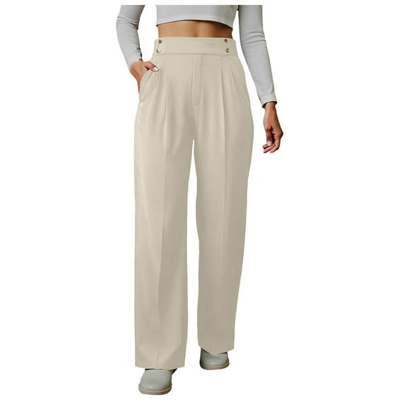 yueewhu Womens Wide Leg Work Pants Straight Elastic High Waisted Double Button Trousers Business Casual Pants with Pockets (Beige, S)
