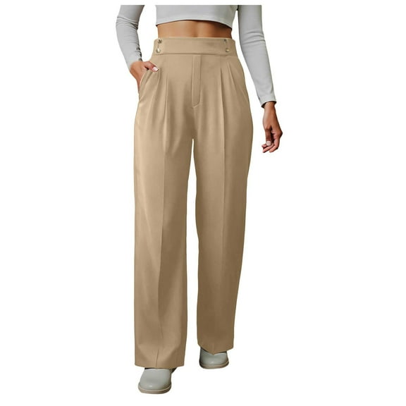 yueewhu Womens Wide Leg Work Pants Straight Elastic High Waisted Double Button Trousers Business Casual Pants with Pockets (Khaki, M)