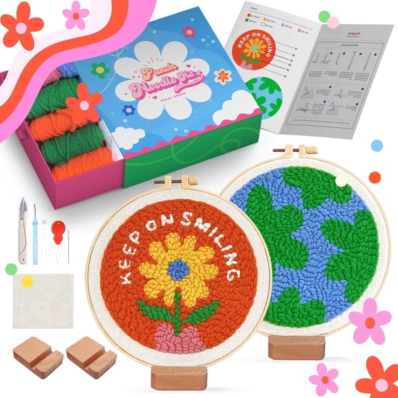 yuegool 2PCS Petal Spark Punch Needle Decoration Kit, Easy DIY Embroidery Set for Beginners Adults with Yarns Hoop Bracket Supplies