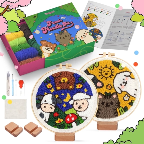 yuegool 2PCS Forest Friends Punch Needle Decoration Kit, Easy DIY Embroidery Set for Beginners Adults with Yarns Hoop Bracket Supplies
