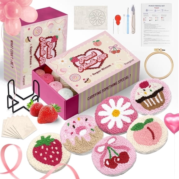 yuegool 6PCS Sugar Bloom Punch Needle Coaster Kit, Easy DIY Embroidery Set for Beginners Adults with Yarns Hoop Instructions & Holder