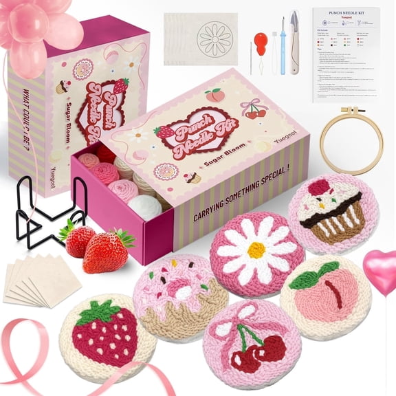 yuegool 6PCS Sugar Bloom Punch Needle Coaster Kit, Easy DIY Embroidery Set for Beginners Adults with Yarns Hoop Instructions & Holder
