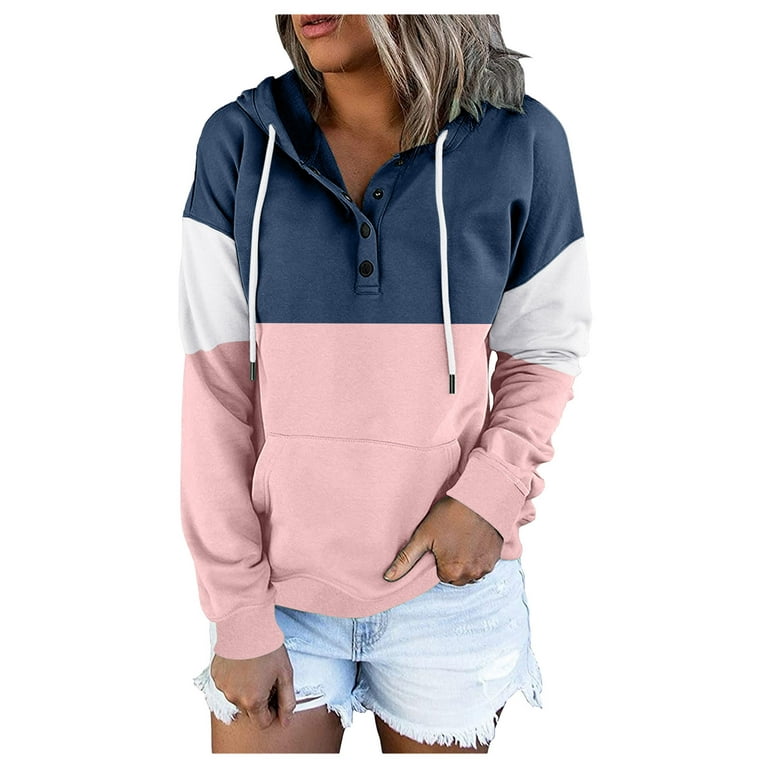 yuehao hoodies for women women's pullover drawstring hoodies tops button  down long sleeve sweatshirts with pocket (blue)
