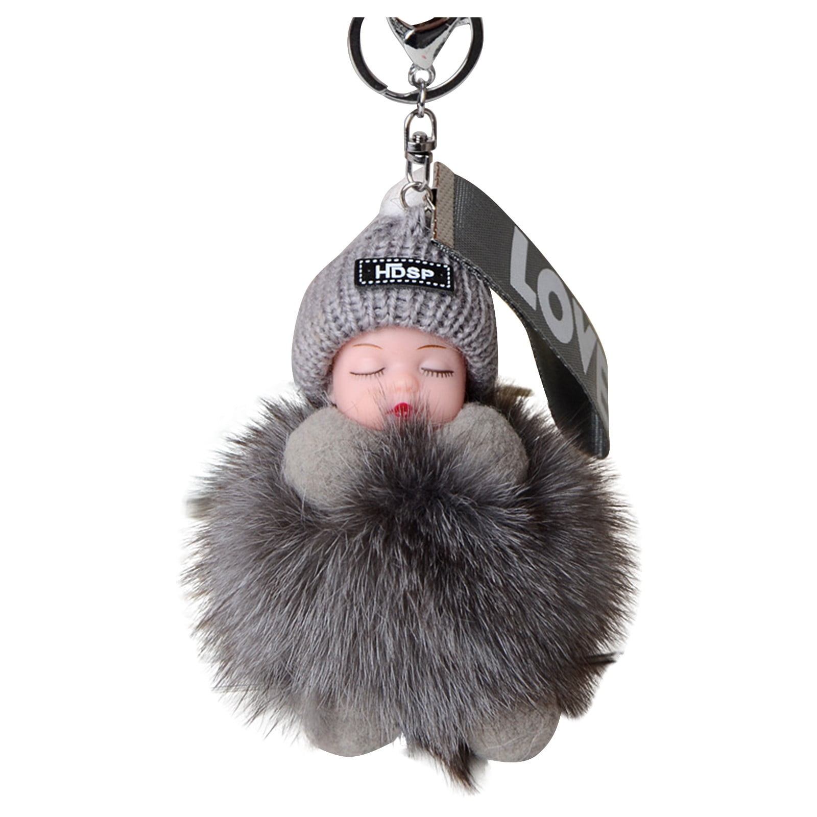 yuehao keychains furry sleeping baby keychain with sleeping pompon