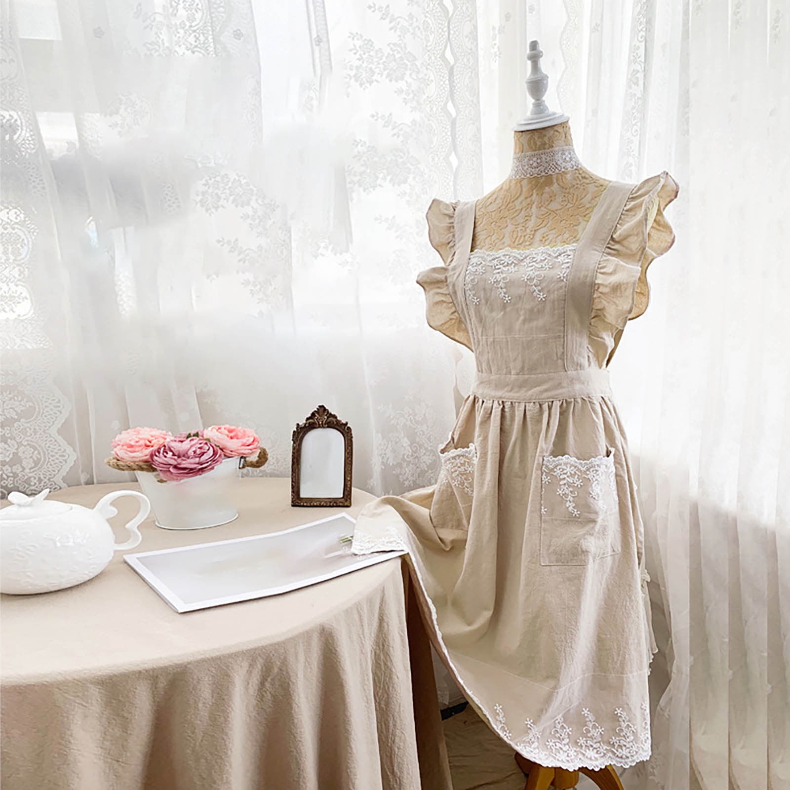 yujian Kitchen Essentials Women's Baking Apron Women's Ruffles And Roses Apron For Baking, Cooking & Crafts For Women's Beige