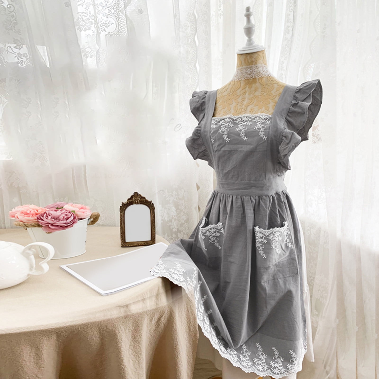 yujian Kitchen Essentials Women's Baking Apron Women's Ruffles And Roses Apron For Baking, Cooking & Crafts For Women's Gray