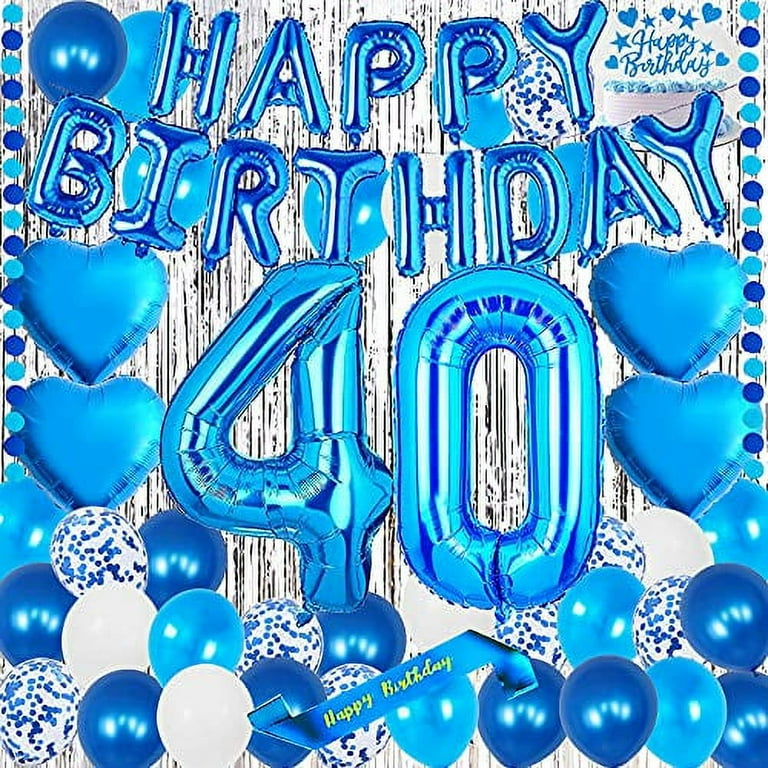 yujiaonly 40TH Birthday Party Decorations Blue Happy Birthday Foil Balloons Blue Number 40 Happy birthday Sash Cake Topper Latex and Confetti Balloons