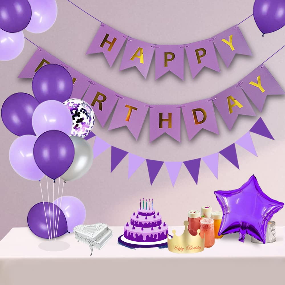 Purple Birthday Decorations, Purple Party Decorations With Balloons Happy Birthday Banner Bday Sash And Crown Tablecloth Fringe Curtain Paper Pom Poms For Women Girls Bday Decor