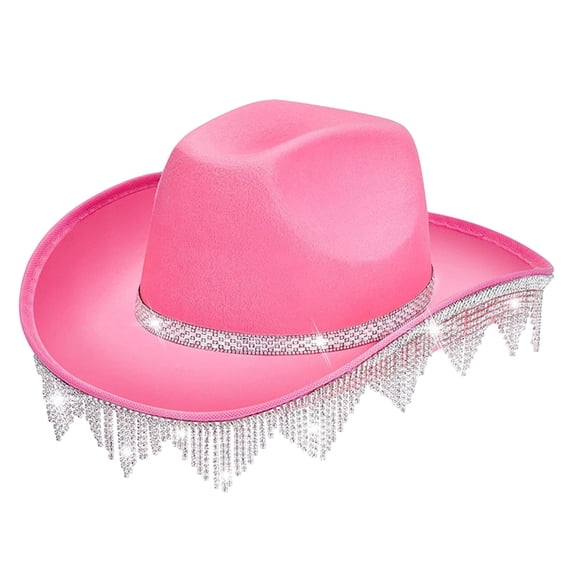 yuksok Cowboy Hat with Western Rhinestone Tassels, Cowgirl Hat, Wide Brim Sun Hat, Jazz Pink