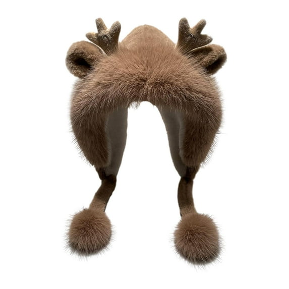 yuksok Women Antler Ears Hat Durable Plush Hat for Camping Shopping Outdoor Coffee