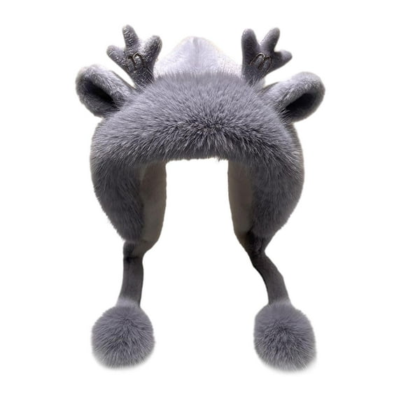 yuksok Women Antler Ears Hat Durable Plush Hat for Camping Shopping Outdoor Gray