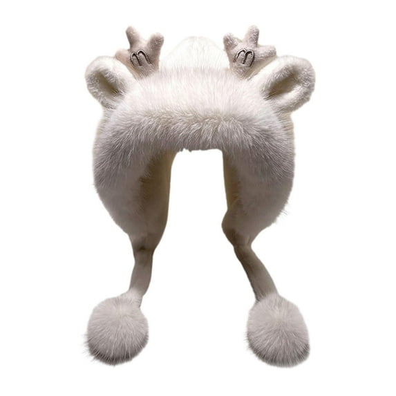yuksok Women Antler Ears Hat Durable Plush Hat for Camping Shopping Outdoor White