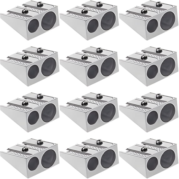 yulier 12 Pcs Pencil Sharpeners Manual Metal Dual Sharpening Blade Double Holes Rectangular Pencil Sharpener for Colored Graphite Pencils Crayons, Silver