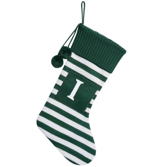 yulier 16.5" Large Knitted Initial Christmas Stockings, Personalized 26 Letters Family Christmas Stocking with Pompoms, Striped Candy Gift Bag Stocking for Kids, Green, Letter I