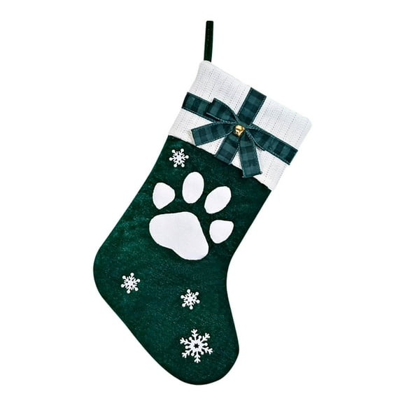 yulier 17.7 Inches Large Christmas Stockings Dog Paw Snowflake Print Christmas Stockings with White Knitted Cuff, Candy Gift Bag Socks Xmas Stockings Decorations with Plaid Bow and Bell, Green
