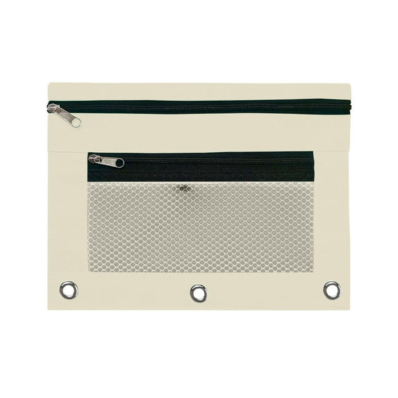 yulier 2 Pcs Binder Pencil Pouch, Pencil Pouch for 3 Ring Binder, 3 Hole Pencil Case with 2 Pockets, Clear Window Zipper Pencil Bag, Office College Stationery Pen Bag, Beige