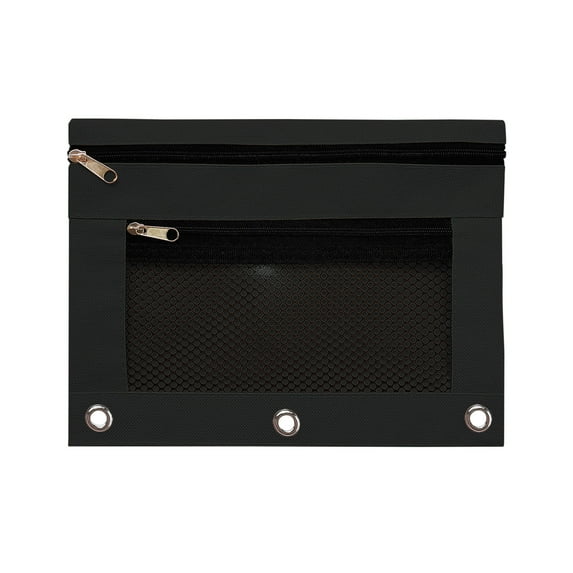 yulier 2 Pcs Binder Pencil Pouch, Pencil Pouch for 3 Ring Binder, 3 Hole Pencil Case with 2 Pockets, Clear Window Zipper Pencil Bag, Office College Stationery Pen Bag, Black