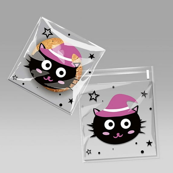 yulier 200 Pcs Halloween Cellophane Candy Bags Clear Self Adhesive Cookie Bags for Kids Small Treat Bags for School Home Halloween Party Favors (Cute Cat)