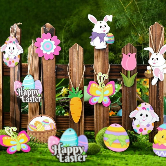 yulier 24 Pcs Easter Eggs Bunny Ornaments for Tree, Easter Wooden Hanging Ornaments Easter Egg Bunny Chick Spring Tree Decorations Wood Pendant with Rope for Patio Holiday Party Decor