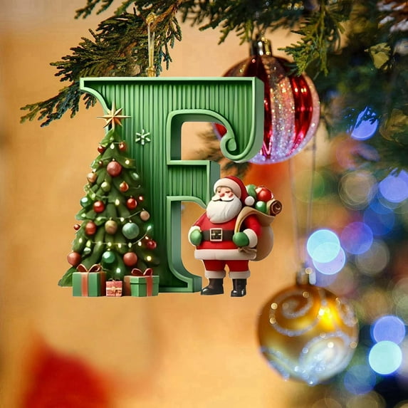 yulier 26 Initial Letter Christmas Ornaments, Green Personalized Christmas Initial with Christmas Tree and Santa Claus, Christmas Tree Decoration Hanging Pendant Xmas Gifts for Kids