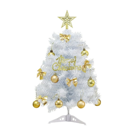 yulier 2FT Mini White Christmas Tree Set, Tabletop Christmas Tree, Small Artificial Xmas Tree with Star Tree Topper, Bows, and Hanging Ornaments - Home Office Xmas Holiday Party Desk Decor