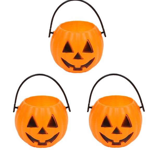 yulier 3 Pcs Mini Plastic Pumpkin Buckets, Small Pumpkin Basket with Handles, Halloween Decorations Party Favors Candy Buckets for Kids, 2.56x2.56x2.16 Inches