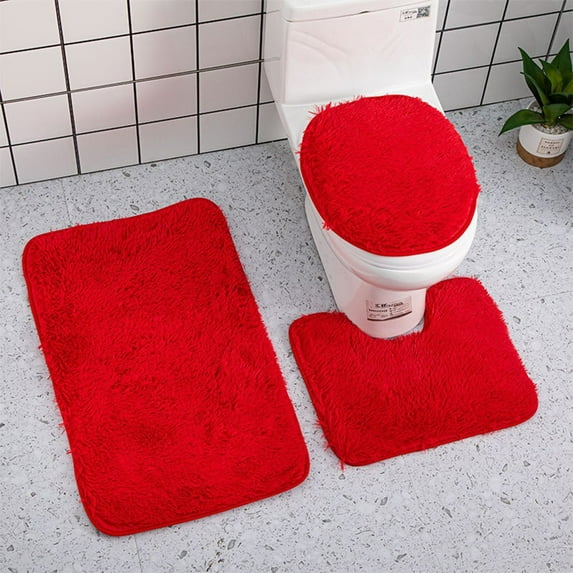 yulier 3 Piece Bathroom Rug Set, Super Soft Non Slip Bath Mat Set, Absorbent Plush Shaggy Bathroom Rug, Toilet Rug U Shaped, Toilet Lid Cover, Bathroom Accessories Decor (Red)