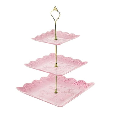 yulier 3 Tier Cupcake Stand Clearance, Plastic Tiered Serving Tray, Square Embossed Fruit Tray Dessert Stand for Tea Party/Birthday/Wedding/Baby Shower (Pink)